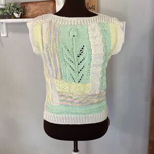Handmade crochet womens vest 3D cream yellow pink vintage look short sleeved siz